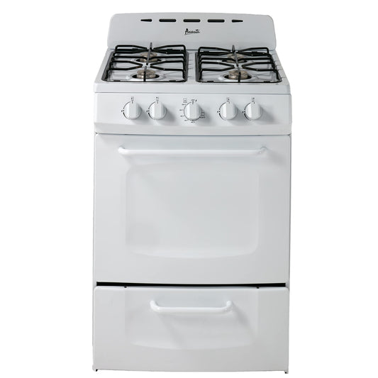 Avanti Gas Range Oven, Compact Freestanding Design, 2.6-Cu.Ft. Capacity 4 Sealed Burners with Electronic Ignition, Includes Broiler Storage Drawer and Accessories, 24-Inch, White