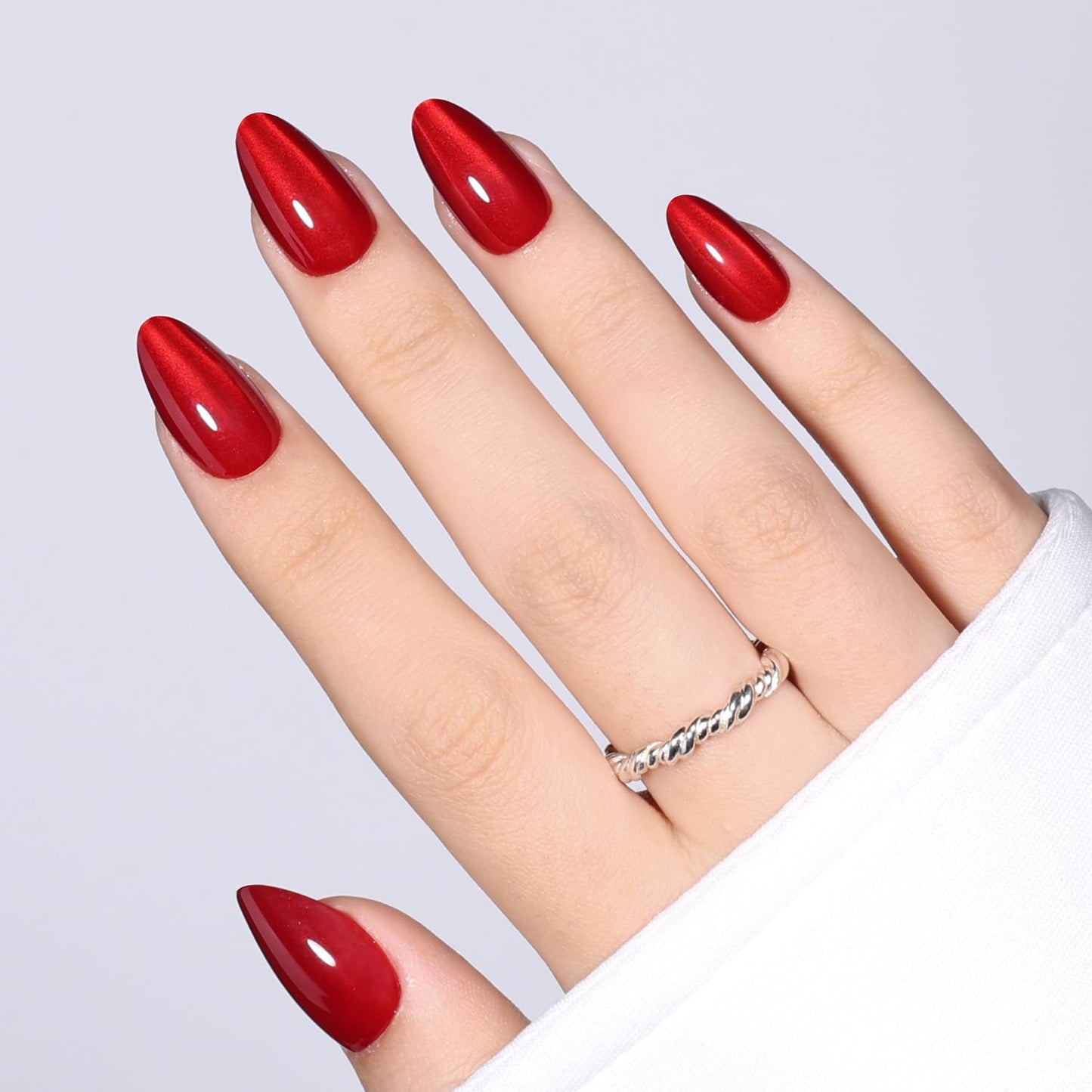 Red Cat Eye Press On Nails Almond Short - Short Almond Fake Nails, Red Cateye Press On Nails Reusable Stick On Nails in 16 Sizes, 32pcs False Nail Kit for Women & Girls (Garnet)