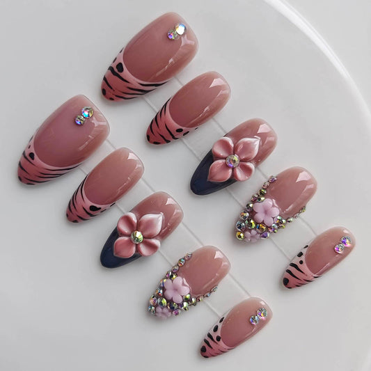 Gleamrain Almond Medium Handmade Press on Nails for Women, Handcrafted Floral Design Deep Nude Natural Press on Nails Thick Kit for Daily Use D314