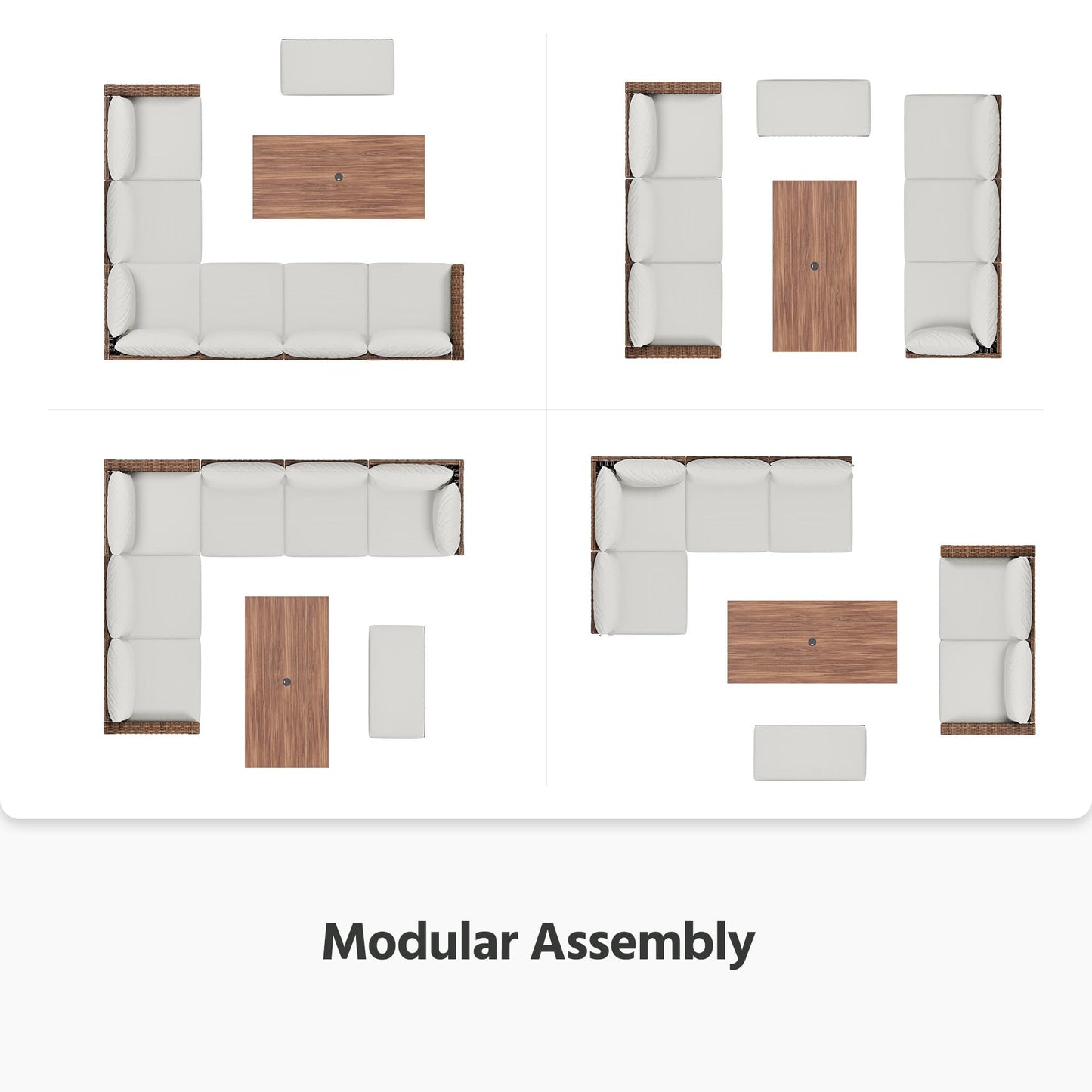 LAUSAINT HOME 8 Pieces Outdoor Patio Furniture Set, PE Wicker Sectional Conversation Sofa with Adjustable Backrests, Storage Ottoman & Wood Table with Umbrella Hole, Beige