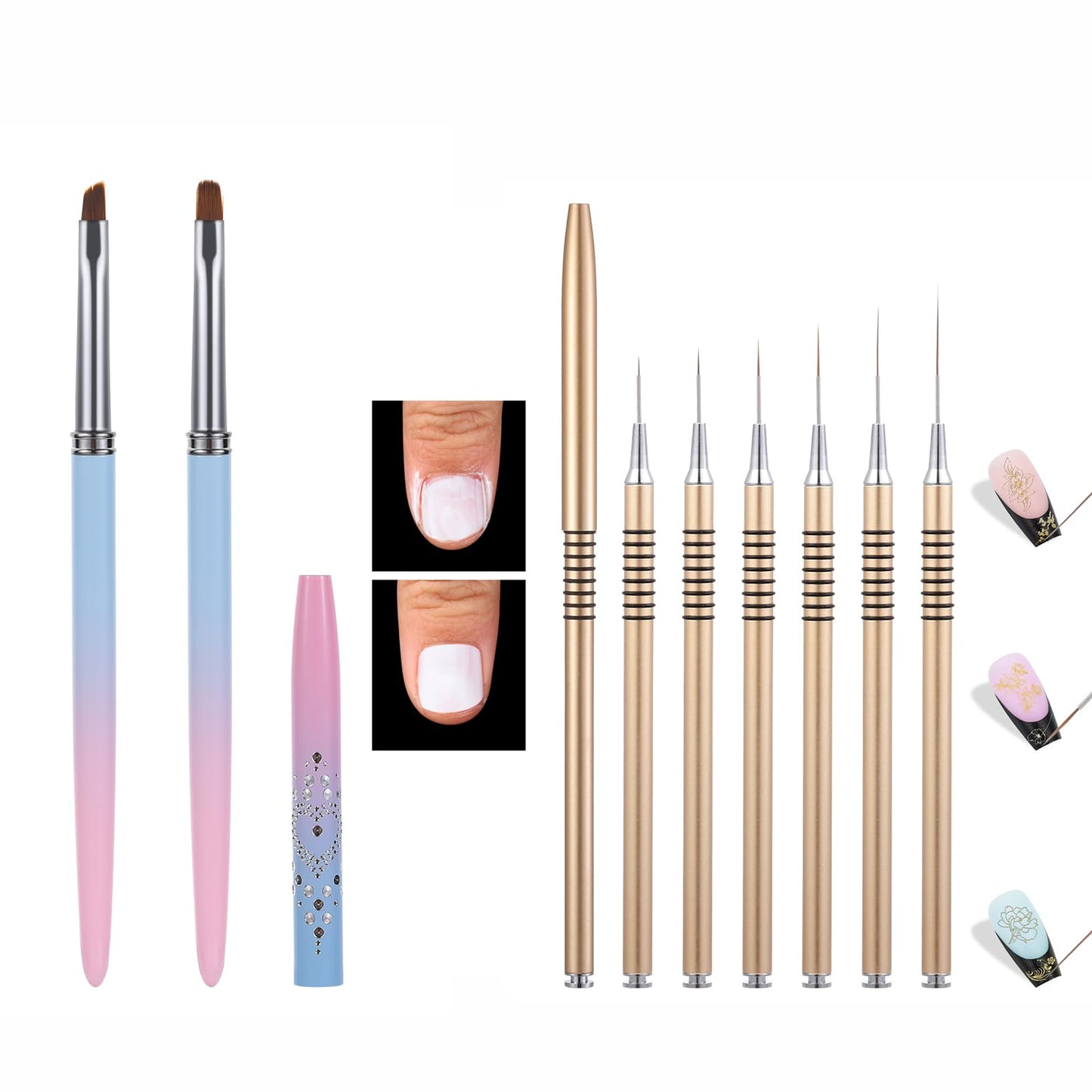 INENK 2PCS Round&Angled Nail Art Clean Up Brushes for OPI Nail Polish Remover + 6PCS Gold Nail Liner Brushes for Detail Painting Design Fine Lines Drawing, 5/7/9/11/15/25mm