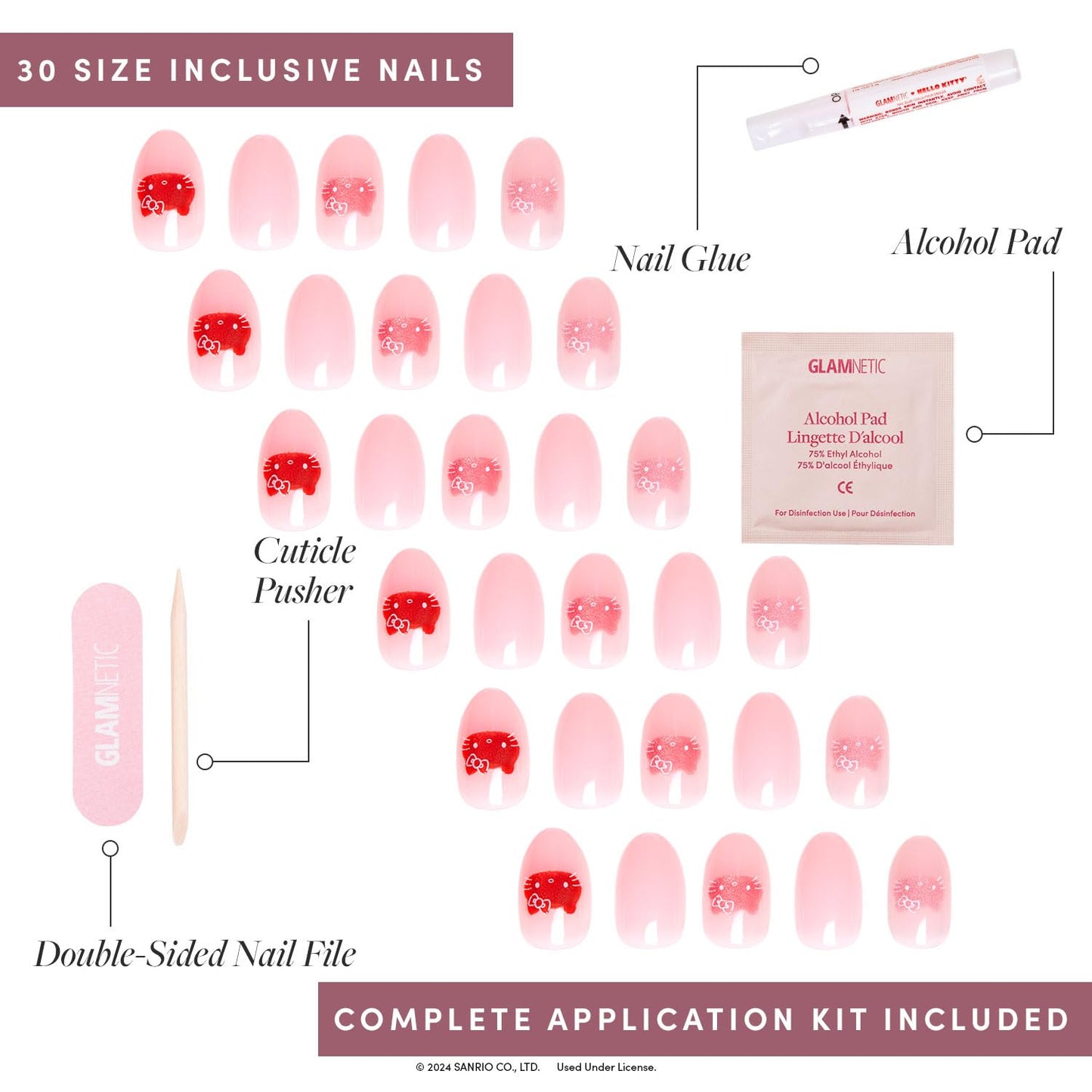 Glamnetic x Hello Kitty® and Friends Press-On Nails Bundle - Hello Kitty® Red & Boba | Short Coffin Red French Tip Fake Nails | Opaque Black Short Almond Nails | Reusable Nail Kit with Glue