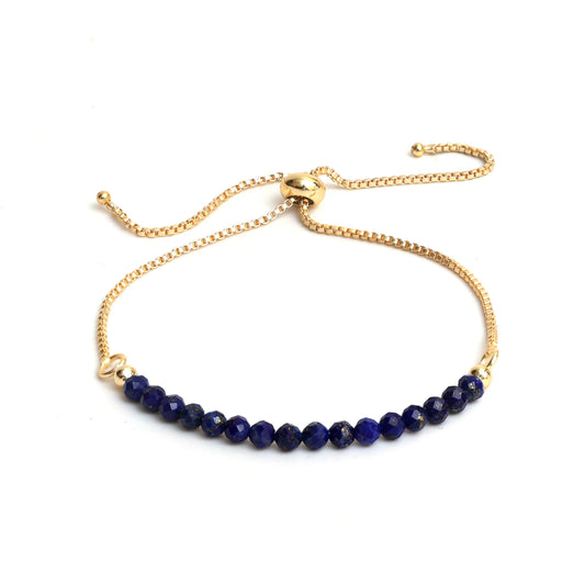 Gempires Birthstone Beaded Bracelet, Lapis Lazuli Bracelets, September Birthstone Jewelry, Bolo Bracelet, Gift for Her, 14k Gold Plated Chain (6-9 Inch Adjustable Length)