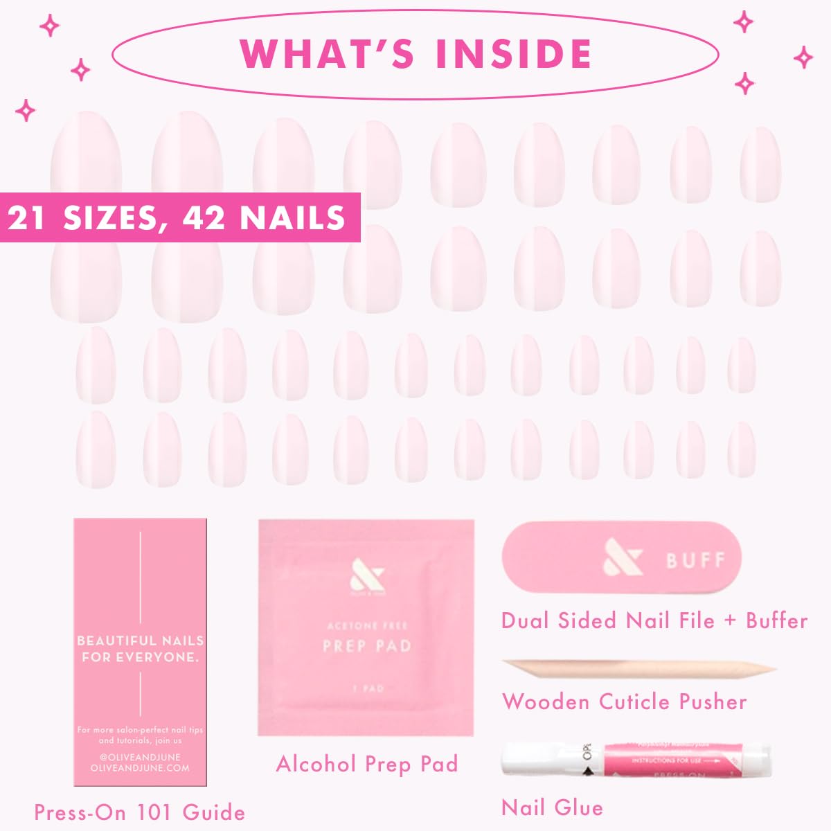 Olive & June Instant Mani Press-On Nails (Glue) | 42 Fake Nails, 21 Sizes | Non-Toxic, Long-Lasting Recycled Materials Realistic Look | Salon-Quality | Spring Flowers & Patterns | Medium, Almond | CCT