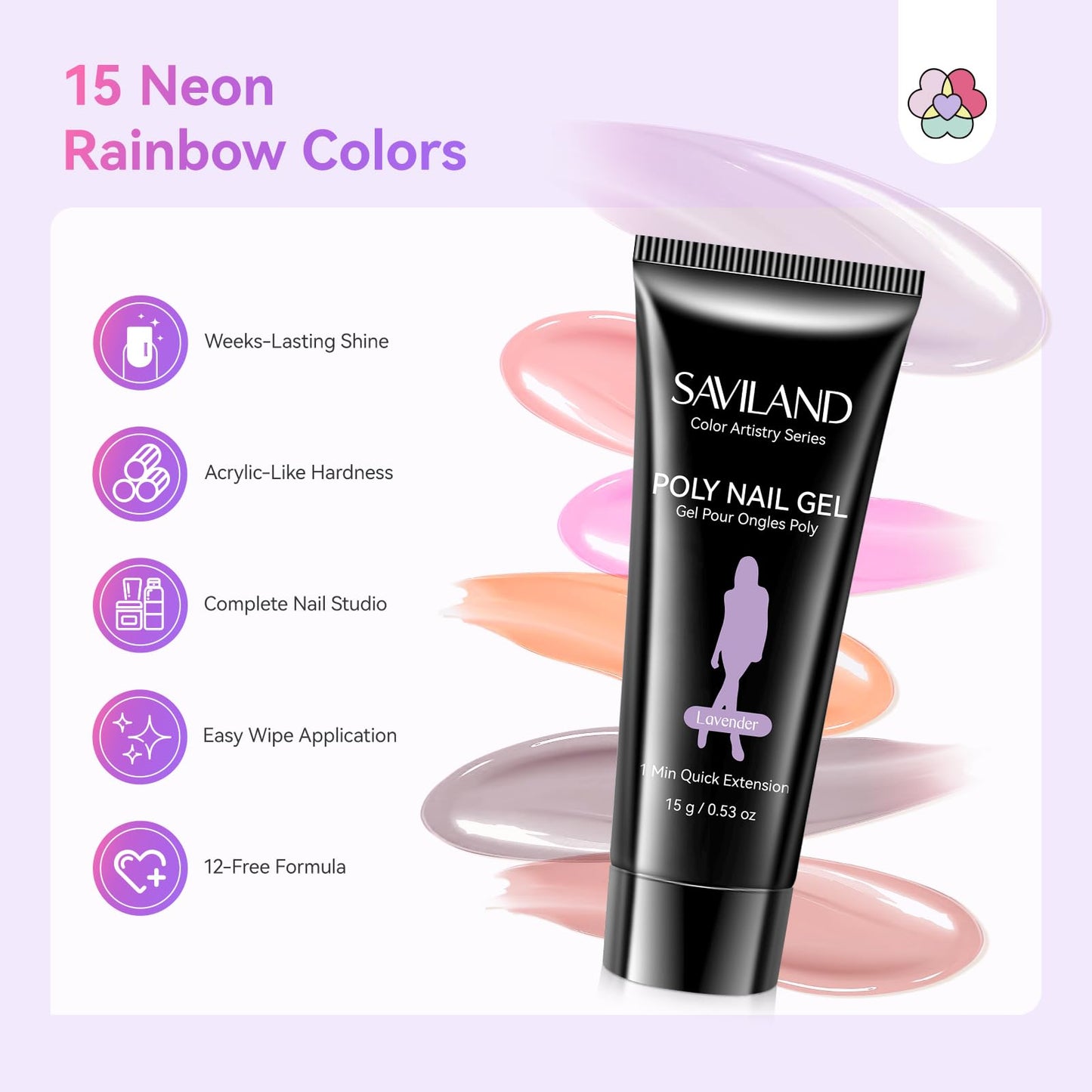 SAVILAND Hema-Free Poly Gel Nail Kit Starter: 15 Poly Gel Nail Colors for 28 Day Long-Lasting, All-in-1 Poly Nail Gel Kit with Slip Solution U V Lamp, Suitable for Trendy Nail Art Home Salon Daily DIY