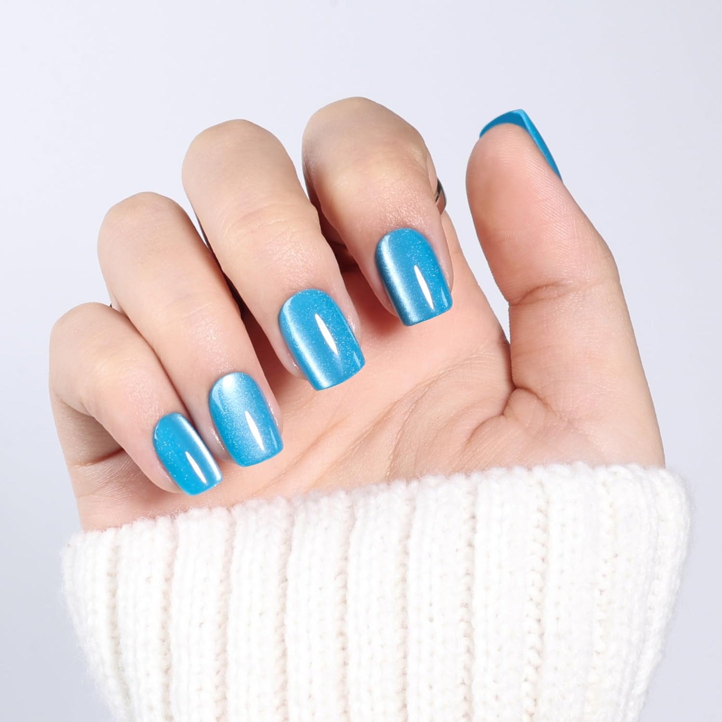 Leefrei Blue Cat Eye Press On Nails - Short Square Press on Nails Ocean Blue Nails Press Ons for Women, Reusable Glossy Fake Nails Kit with Glue DIY Nails Short in 15 Sizes - 30pcs, Ocean Teal