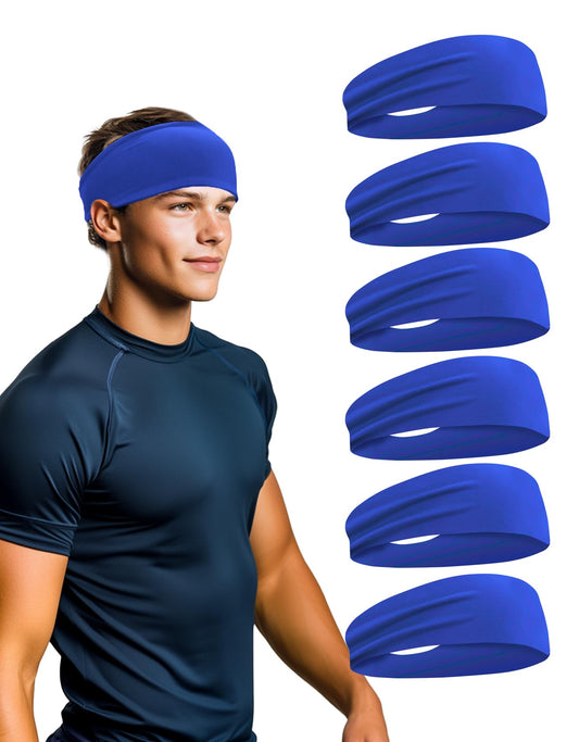 6 Pack Sport Headbands for Men & Women, Sweat Wicking Workout Sweatband, Royal Blue Hairband for Running, Cycling, Football, Yoga (Royal Blue 6 Pack)