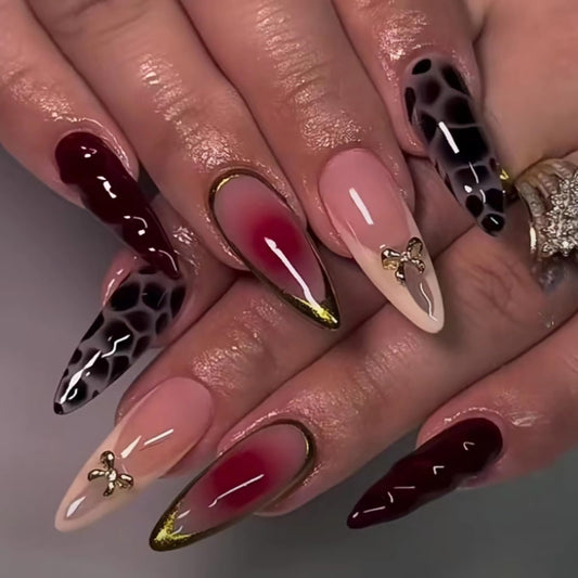 MISUD Press on Nails - Medium Almond Fake Nails with Fall Burgundy, Acrylic Cheetah Tortoise Design 24 pcs
