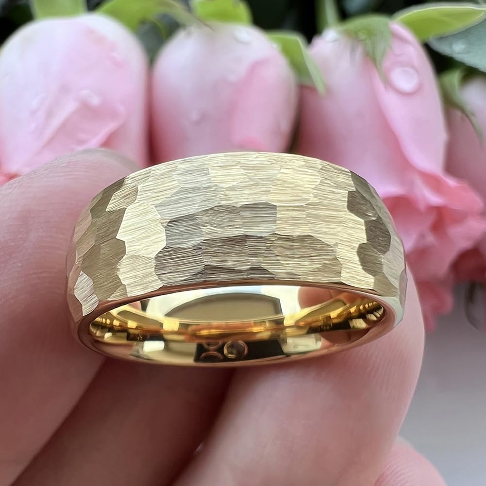 TUTISS 8mm Gold Hammered Tungsten Rings for Men Women Engagement Wedding Bands Domed Matte Finish Comfort Fit Size 6