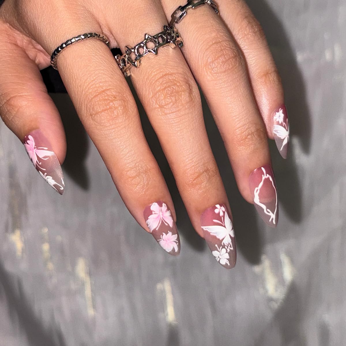 Spring Press on False Nails Pink Ombre Cat Eye Fake Nails Medium Almond Glue on Nails with Cute Butterfly Flower Designs Press ons Stick on Nail for Women Manicure 24Pcs