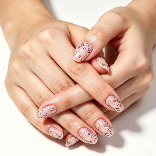Flower Press on Nails Short Almond Fake Nails with Floral and Leaf Designs Glossy Glue on Nails Spring Summer Nails Press ons Reusable Full Cover Cute Acrylic Nail for Women 24 Pcs