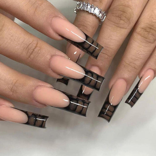 YoYoee Black Press on Nails Long Coffin False Nails French Fake Nails Full Cover Ballerina Nails Tips for Women and Girls 24PCS