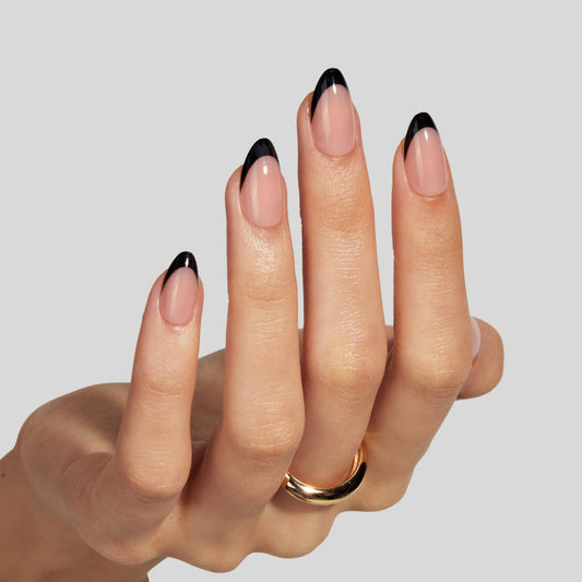 LAMIMOSA 32Pcs Black French Tip Press on Nails Short Almond - Soft Gel Fake Nails in 16 Sizes, Reusable Semi-Transparent Glue on Nails Kit, BLACK FRENCH