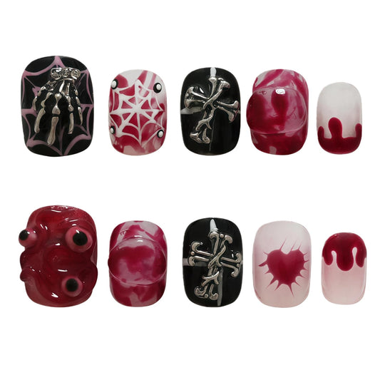 Handmade Goth Press on Nails Short Square - Red & Black 3D Spider Skeleton Charms, Edgy Alt Style Luxury False Nails, Salon Quality Reusable Thick Acrylic (Monster,M)