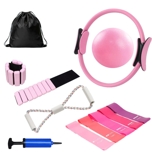 YXCHEMIN Pilates Equipment Kit for Home Workout, Home Pilates Essentials Kit Magic Circle Ring and Ball Set, Adjustable Ankle Wrist Weights, Resistance Bands, Fitness Equipment Accessories