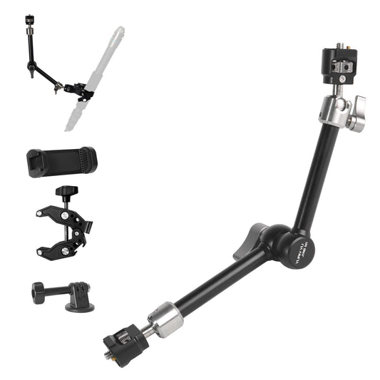 Heavy-Duty Articulating Magic Arm Mount with Super Clamp, 360° Dual Ball Head & 1/4" ARRI Locating Pin&Holes, Camera Monitor Mount for Action Camera Video LED Light (11" Magic Arm w/Clamp)
