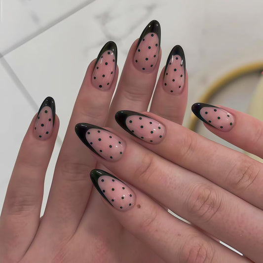 Polka Dot Press on Nails - Medium Almond Fake Nails with Black French Tip Designs False Nails Glossy Glue on Nails Reusable Full Cover Stick on Nails for Women Manicure 24Pcs