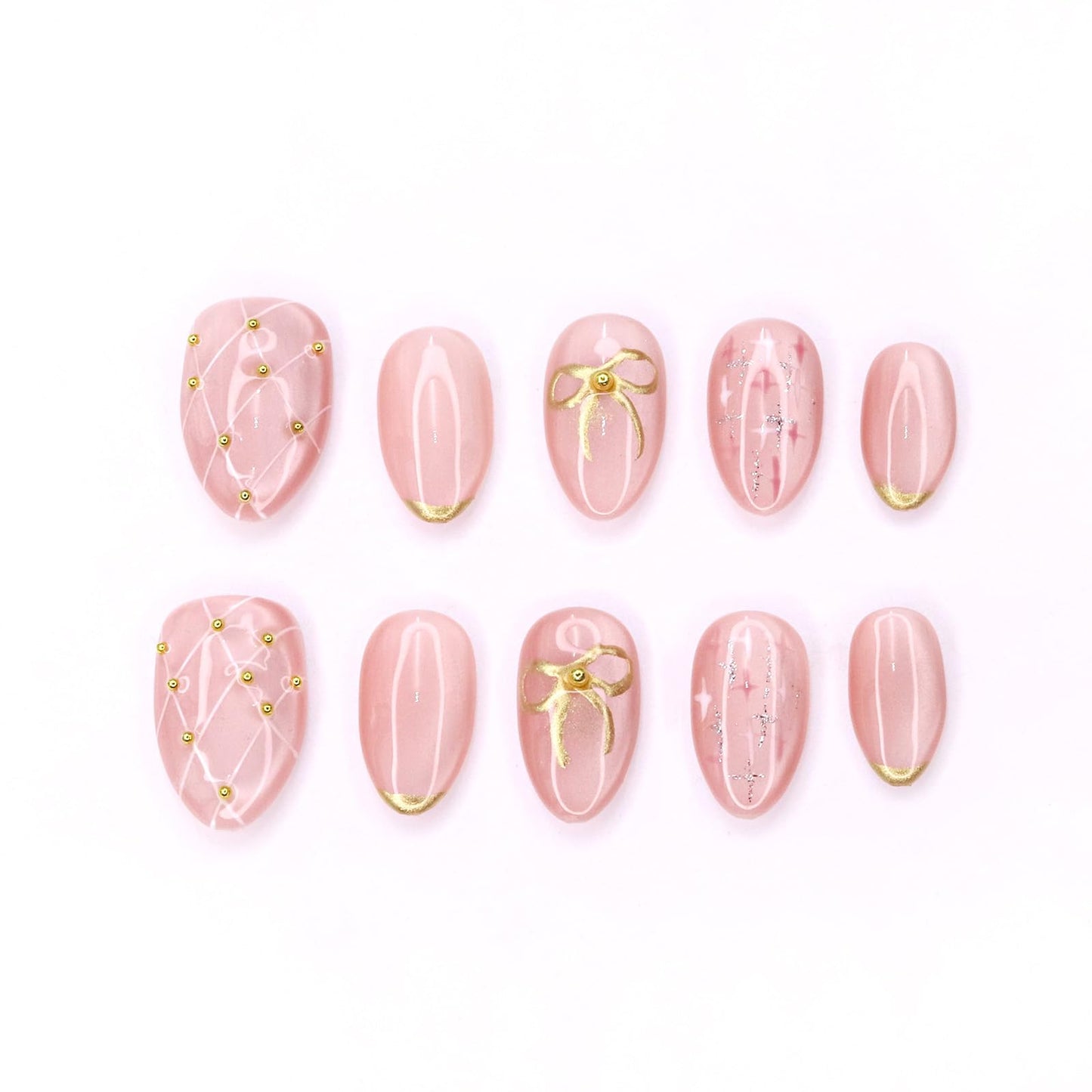 Pink Press on Nails Thick and Muti-Layer Gel Fake Nails Bow French Tip False Nails with Bow Star Design White Hand-draw Lines Stick on Nails Full Cover Artificial Nail for Women DIY (Size M)