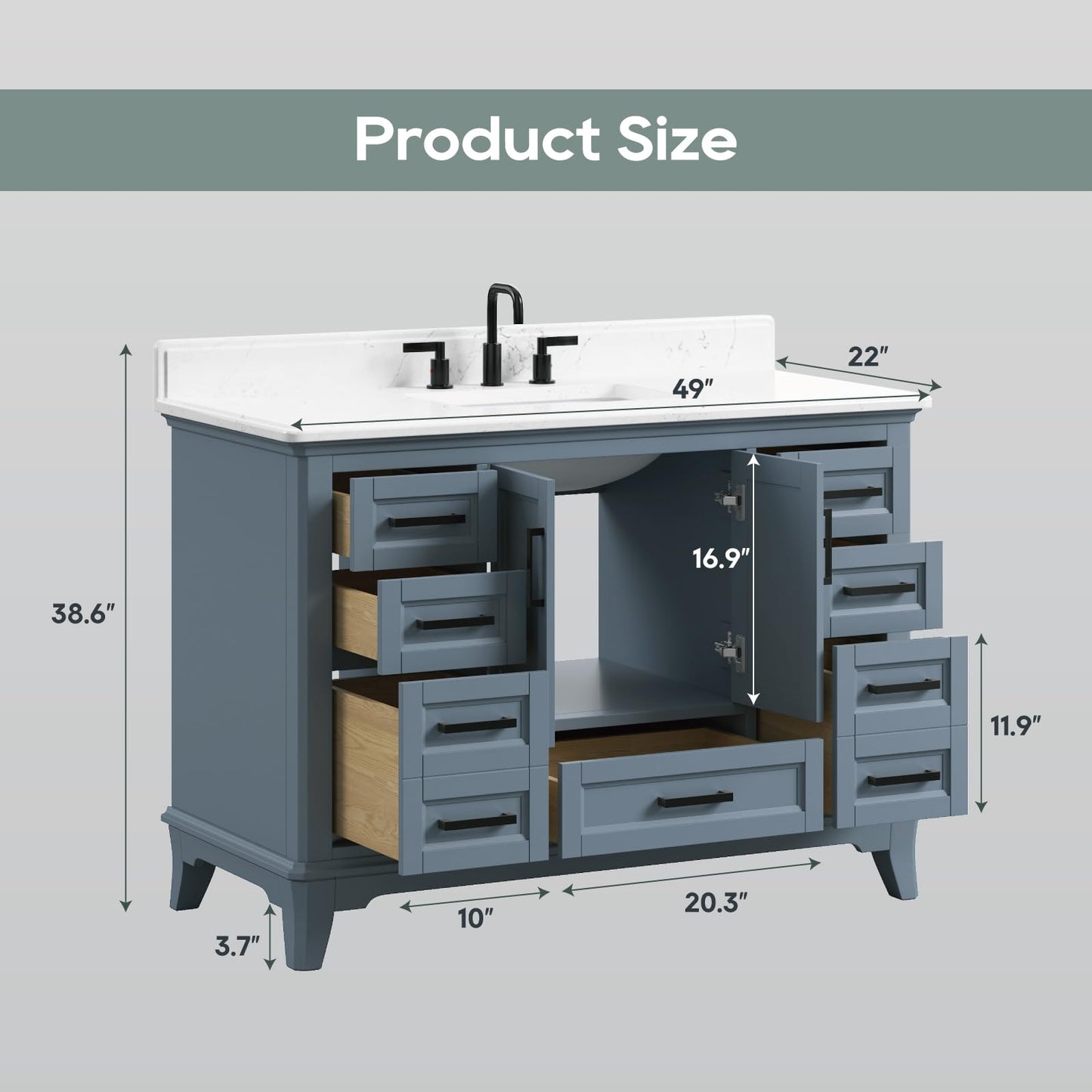 DELUXE LIVING 48 Inch Bathroom Vanity with Sink, Modern Steel Blue Bathroom Cabinet with Soft Closing Doors & Dovetail Drawers, Quartz Countertop, No Assembly Required