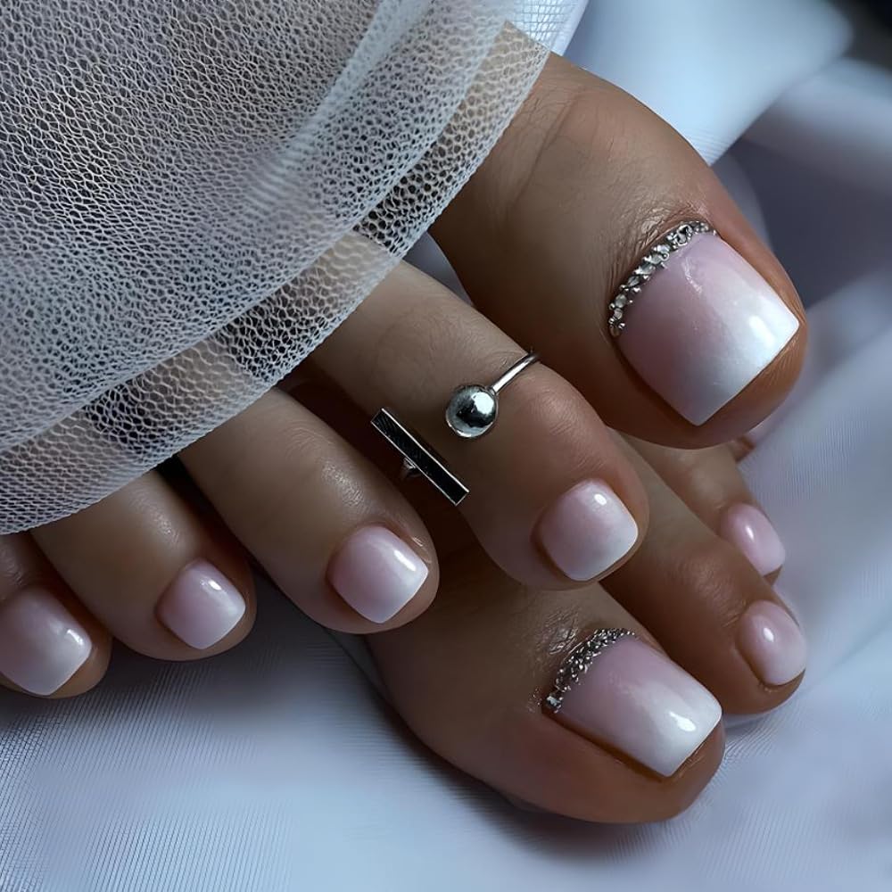 Nude Ombre Press on Toenails Glossy Fake Toe Nails Rhinestone Glue on Toenails Gradient Pink White Acrylic Toe Fake Nails Natural False Toenails Full Cover Stick on Nails for Women Manicure 24pcs