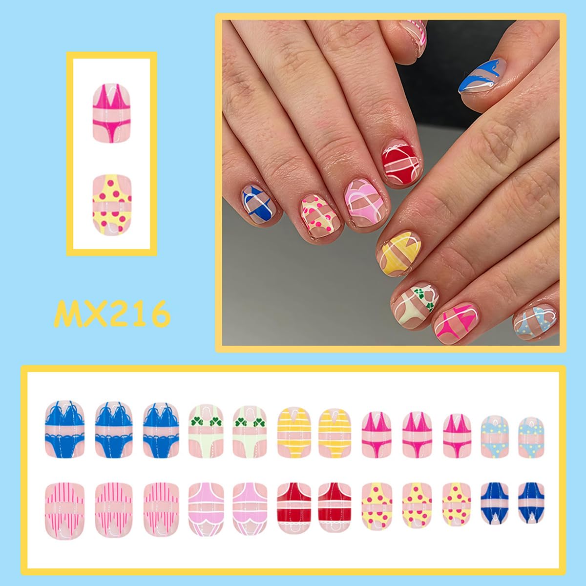Summer Press on Nails - Colorful Short Square Fake Nails with Design, Full Cover Glue on Nails for Women Beach Pool Manicure 24Pcs