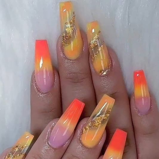 IMSOHOT Long Press on Nails Coffin French Tip Fake Nails Yellow Orange Gradient False Nails with Gold Foil Designs Clear Glossy Glue on Nails