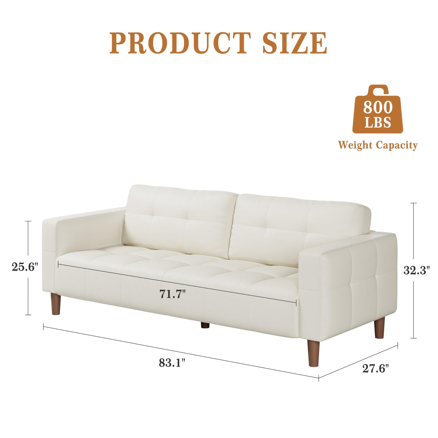 GarveeHome 3-Seater Sofa Couch, 83 in Wide Faux Leather Sofa Couch with Spring Cushion, Modern Sofa with Deep Seats and 2 Removable Back Cushions, for Living Room, Bedroom, Apartment, Office, Beige