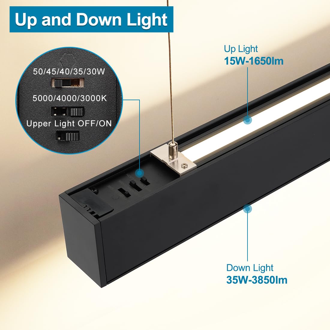 4FT Linkable LED Linear Light, 50/45/40/35/30W Adjustable, 3000K/4000K/5000K Selectable Linear Lighting Fixture, 0-10V Dimmable Architectural Hanging Office Shop Light for Gym Retails, ETL 1Pack