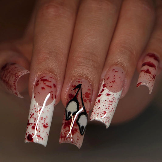 MISUD Press on Nails - Long Square Fake Nails with Goth Blood, Acrylic Gothic Ghost Design 24 pcs