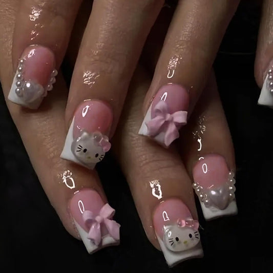 24Pcs Cute French Tip Press on Nails Medium Square Fake Nails with Exquisite Cute Cartoon Cat Bow and Heart Designs, Glossy Pink False Nail with Charms Pearl Nails Acrylic Nail for Women
