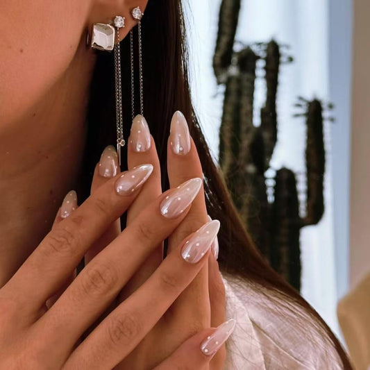 Handmade French Tip Press on Nails Almond Fake Nails with Handmade Pink Acrylic Nails Design Full Cover Glossy Stick on for Women Manicure Decoration White polka dots 10PCS (MT-122-S)