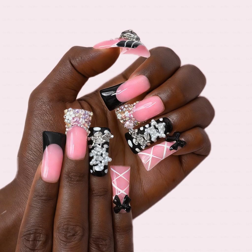 IntoVibes 10 Pieces Luxury Acrylic Press On Nails Long Handmade Duck Nails, Black Thickened False French Nails, With 3D Bowknot And Stars, Reusable Fake Nails, Acrylic Nails (L)