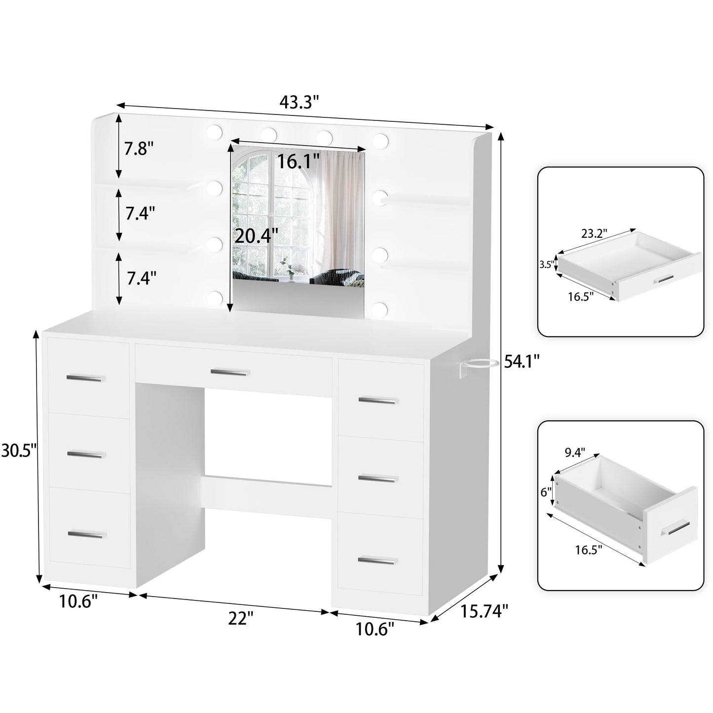 YESHOMY Vanity Desk with Mirror, Power Outlet and 10 Lights, Makeup Table with 7 Drawers, 3 Color Modes Available for Bedroom, White