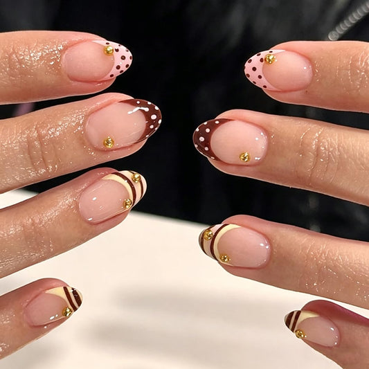 French Tip Press on Nails Short Oval Fake Nails Polka Dot False Nails Press ons with Gold Beads Design Glossy Cute Nails Artificial Acrylic Glue on Nails for Women Girls Manicure 24Pcs