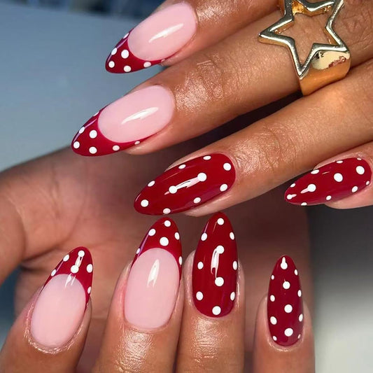 Red French Tip Press on Nails with White Polka Dots - Medium Almond Glossy Fake Nails, Full Cover Holiday Manicure Kit for Valentine‘s Day, 24PCS for Women
