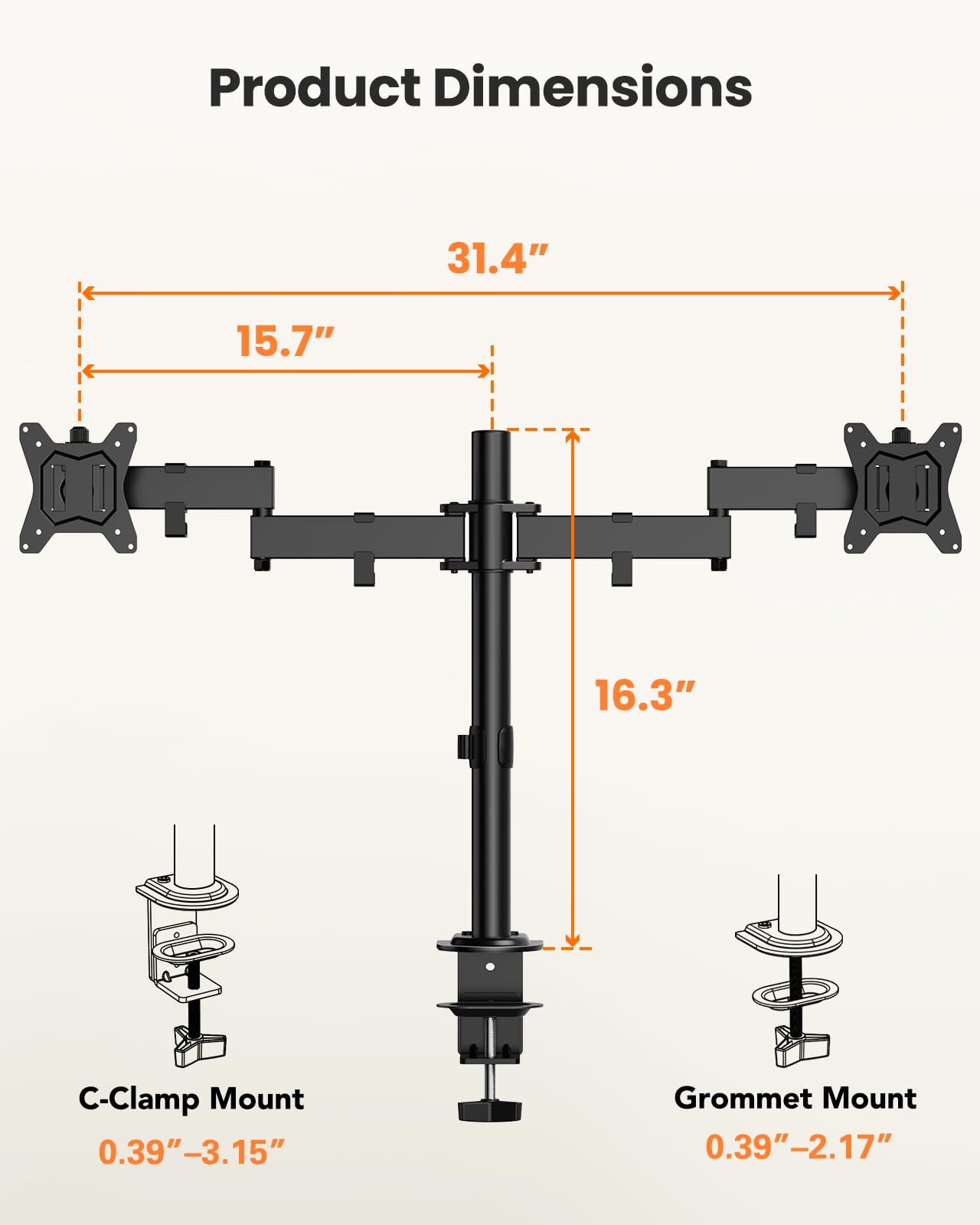 ErGear Dual Monitor Stand for 17-32 inch, Dual Monitor Mount with Adjustable Tilt, Swivel, Rotation, Tiered Arms for Extra Height, Supports 22 lbs per Arm