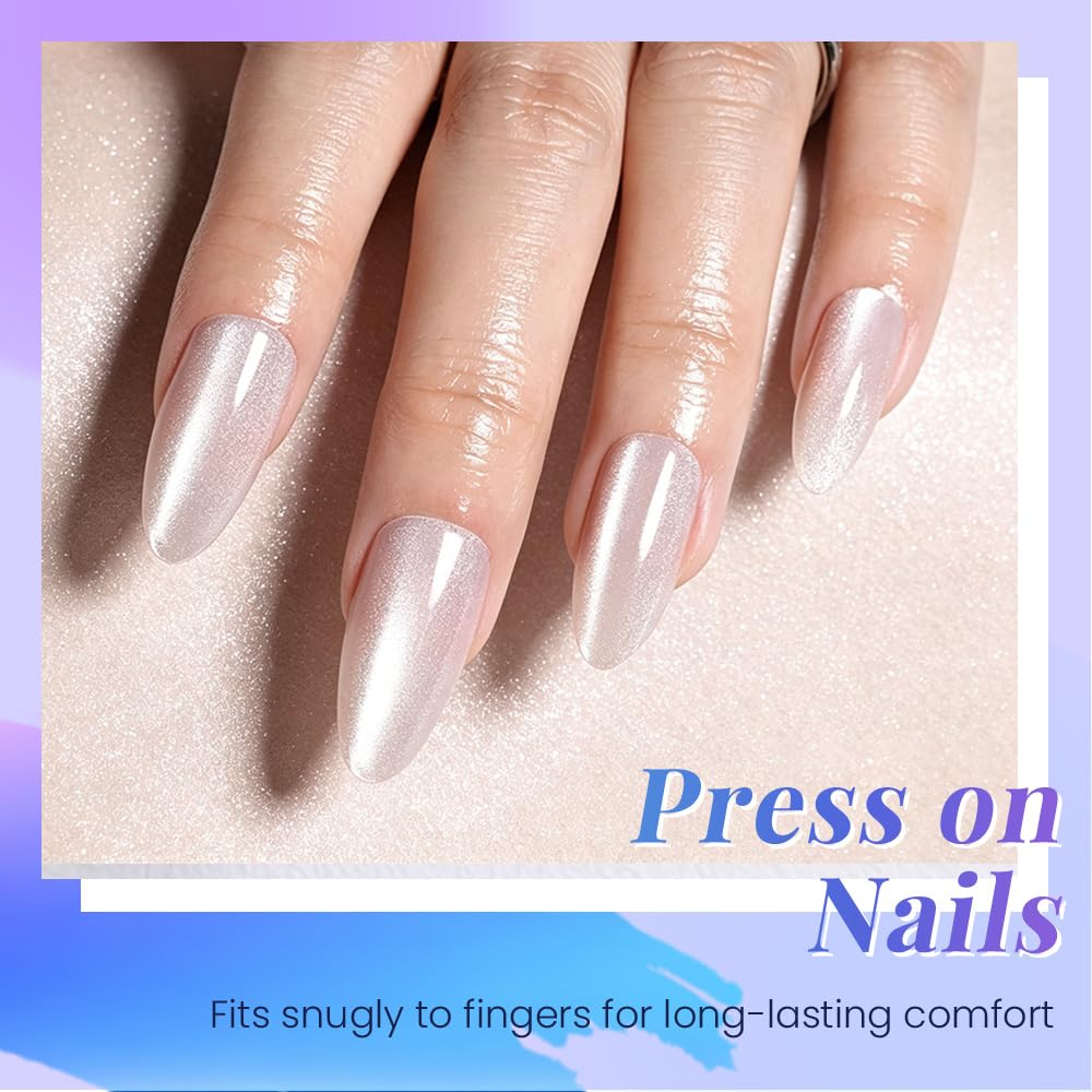 XZMeiLun Cat Eye Crystal Press On Nails Almond Medium, Magnetic Acrylic Fake Nails Stylish Design, Salon-Quality Shiny Finish, Reusable Stick On Nails Kit for Women, Daily Wear (No Glue Included)