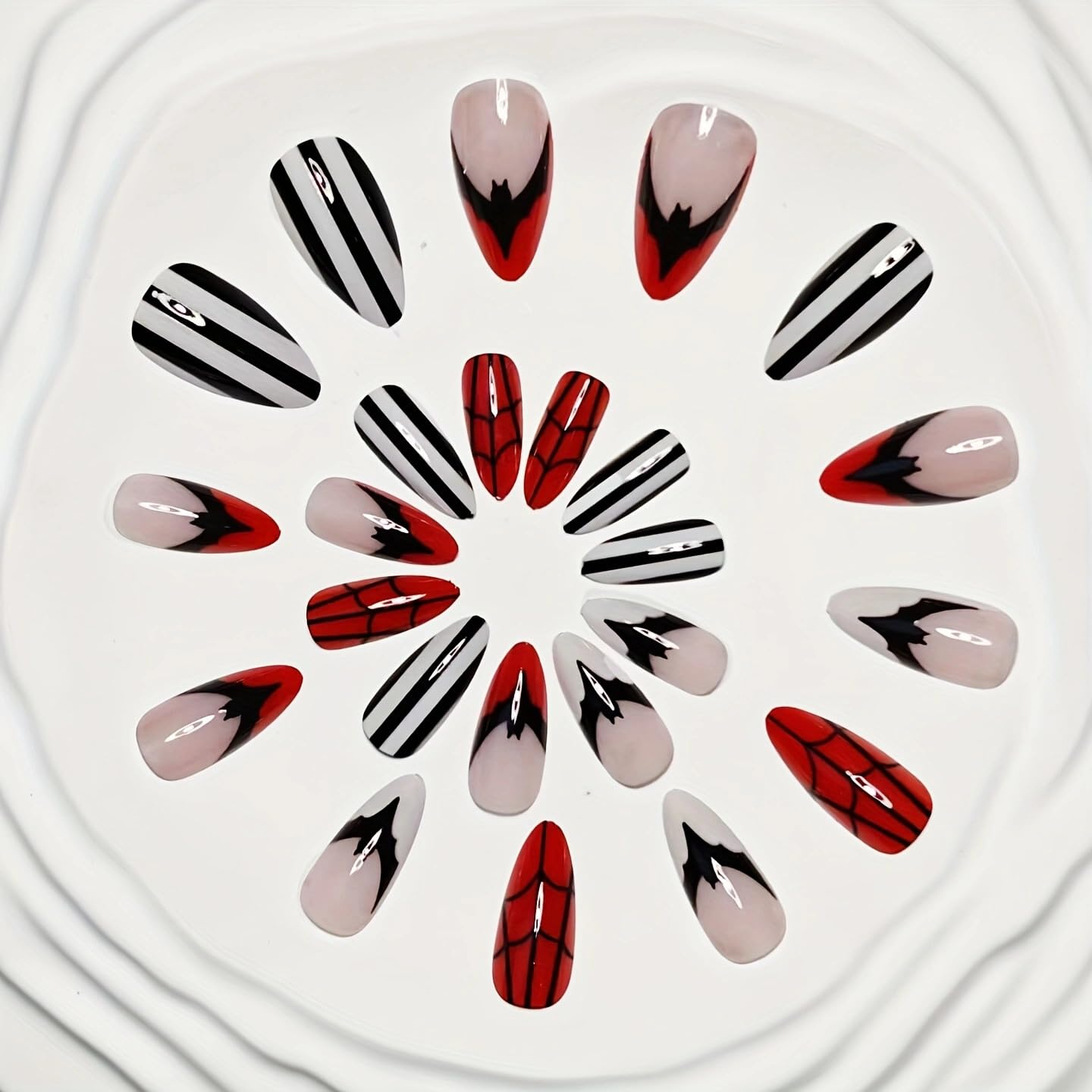 Halloween Bat French Press on Nails Medium Almond Fake Nails Red Spider Web Designs False Nails Black and White Stripes Acrylic Glue on Nails for Women Girls Manicure Decoration 24Pcs