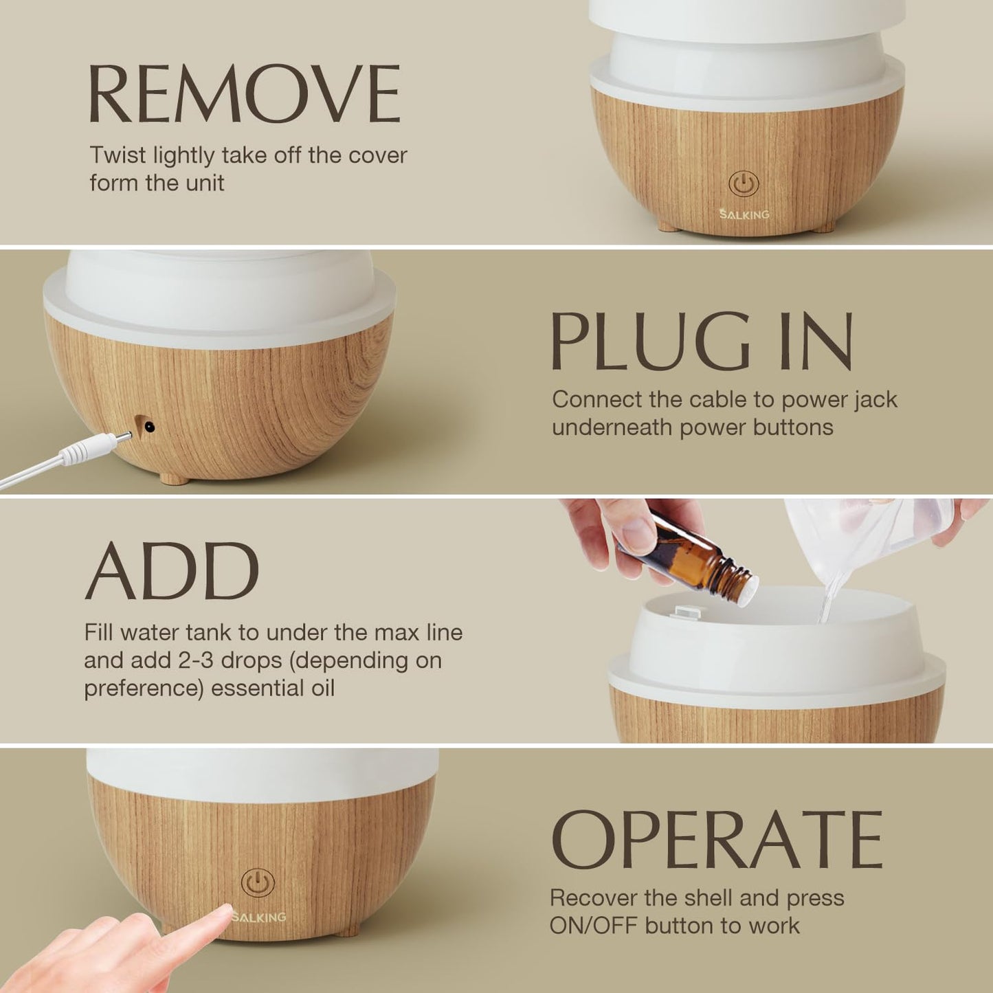 SALKING Essential Oil Diffuser, 100ml Small Aromatherapy Diffuser with Auto Shut-Off Function, Ultrasonic Diffusers for Essential Oils, Cool Mist Humidifier with Warm White Lights, for Office Home