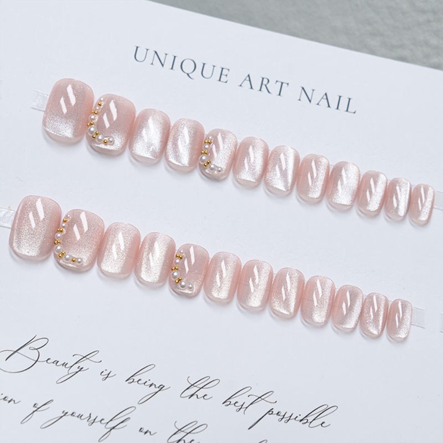 Short Square Press on Nails Nude Glitter Fake Nails Shiny Bling Acrylic False Nails with Design Pearl Rhinestone Glue on Nail Artificial Nails Stick on Nail for Women 24Pcs
