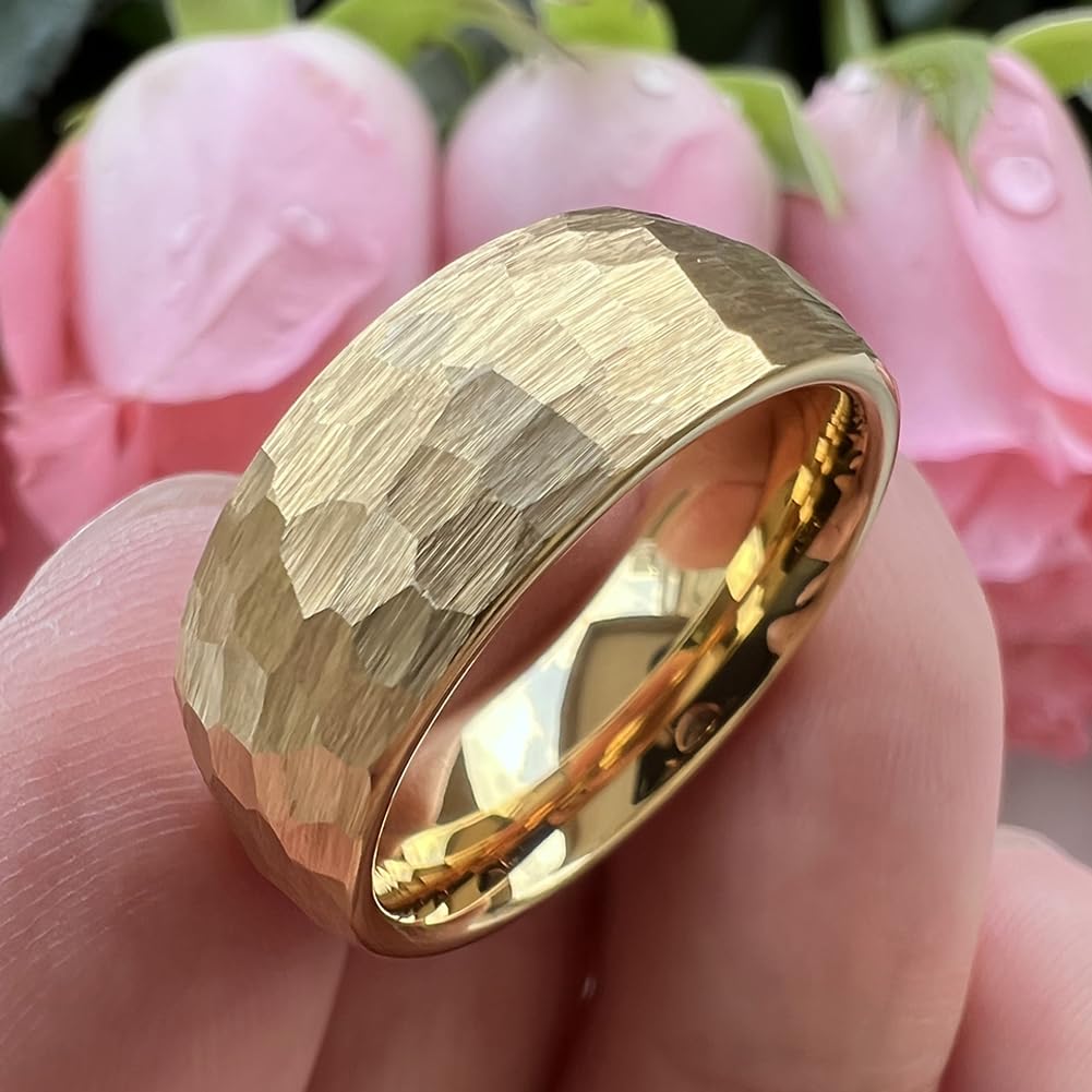 TUTISS 8mm Gold Hammered Tungsten Rings for Men Women Engagement Wedding Bands Domed I Love You Engraved Comfort Fit Size 10
