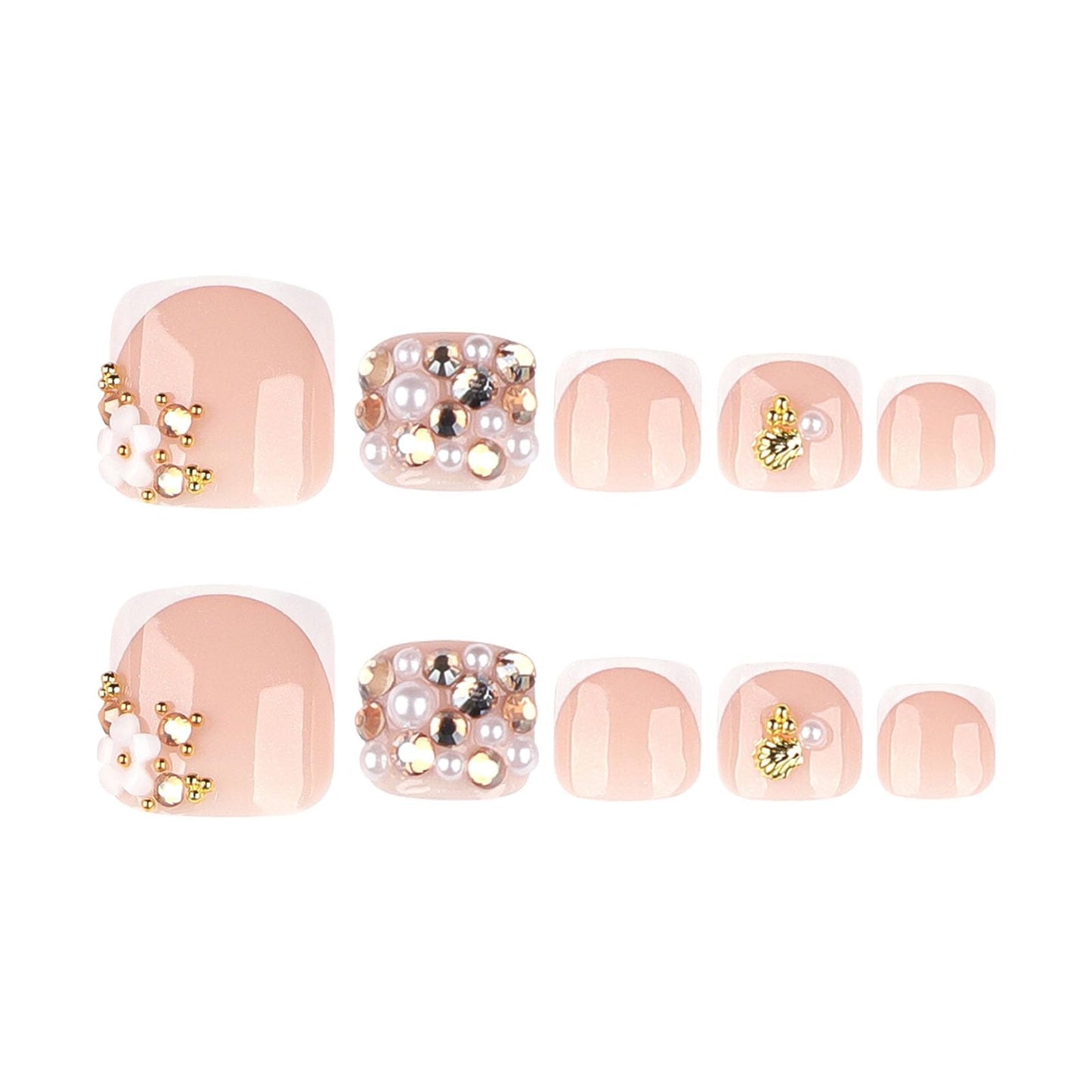 RUOKEXIN Short Press on Toenails White French Tip Fake Toenails with 3D Flower Rhinestones Designs Square Toe Nail Press ons Sparkly Artificial Nails for Women 24Pcs