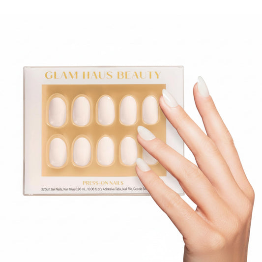 Glam Haus Beauty Press On Nails Cloud 9 | Short Oval Off-White Glossy Finish Salon Quality | 16 Sizes - 32 Nail Kit with Glue & Adhesive Tabs