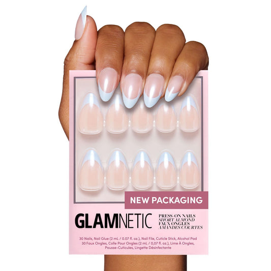 Glamnetic Press On Nails - Blueberry Icing | Short Almond Baby Blue French Tip Fake Nails with a Glaze Finish | 15 Sizes - 30 Nail Kit with Glue