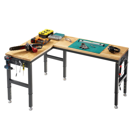 SPECRAFT 68"x48" L-Shaped Workbench with Power Strip, Adjustable Height Heavy Duty Work Table with Pegboard, 6000LBS Load Capacity, Industrial Wood Top Workstation for Garage, Workshop, Home Office
