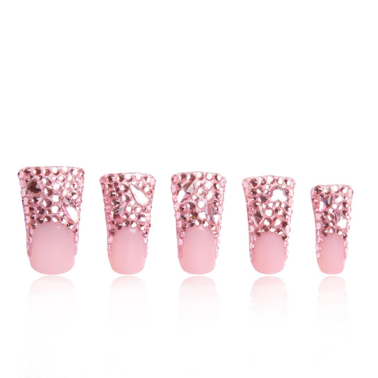 LOVFUL Press on Nails Pink French Tip Rhinestone | Handmade with Full Covered Crystals | Reusable Fake Nails | Duck Classic Regular 1.3 in | H27-M