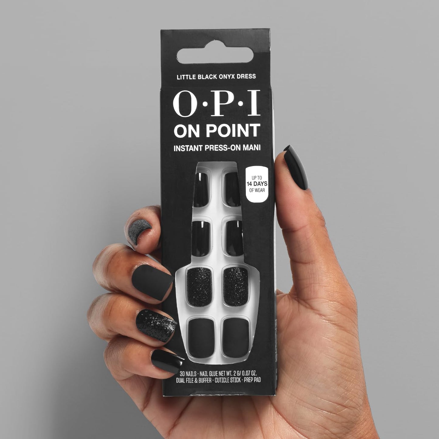 OPI On Point Little Black Onyx Dress | Short Squoval Black Matte with Accent Glitter Nail Art Press On Nails | 30 Count with Nail Glue | Long Lasting, Reusable, Non-damaging