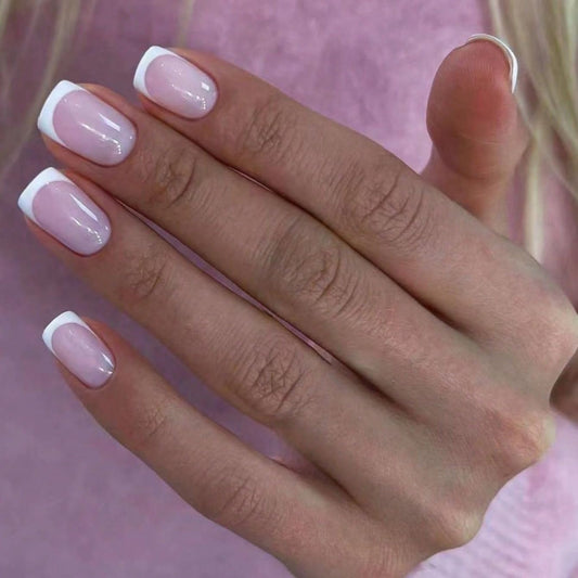 Medium Square Press On Nails French Tip Fake Nails Nude False Nails With Design Cute Glue On Nail Full Cover Stick On Nail Acrylic Artificial For Women DIY Manicure Art Decoration 24Pcs