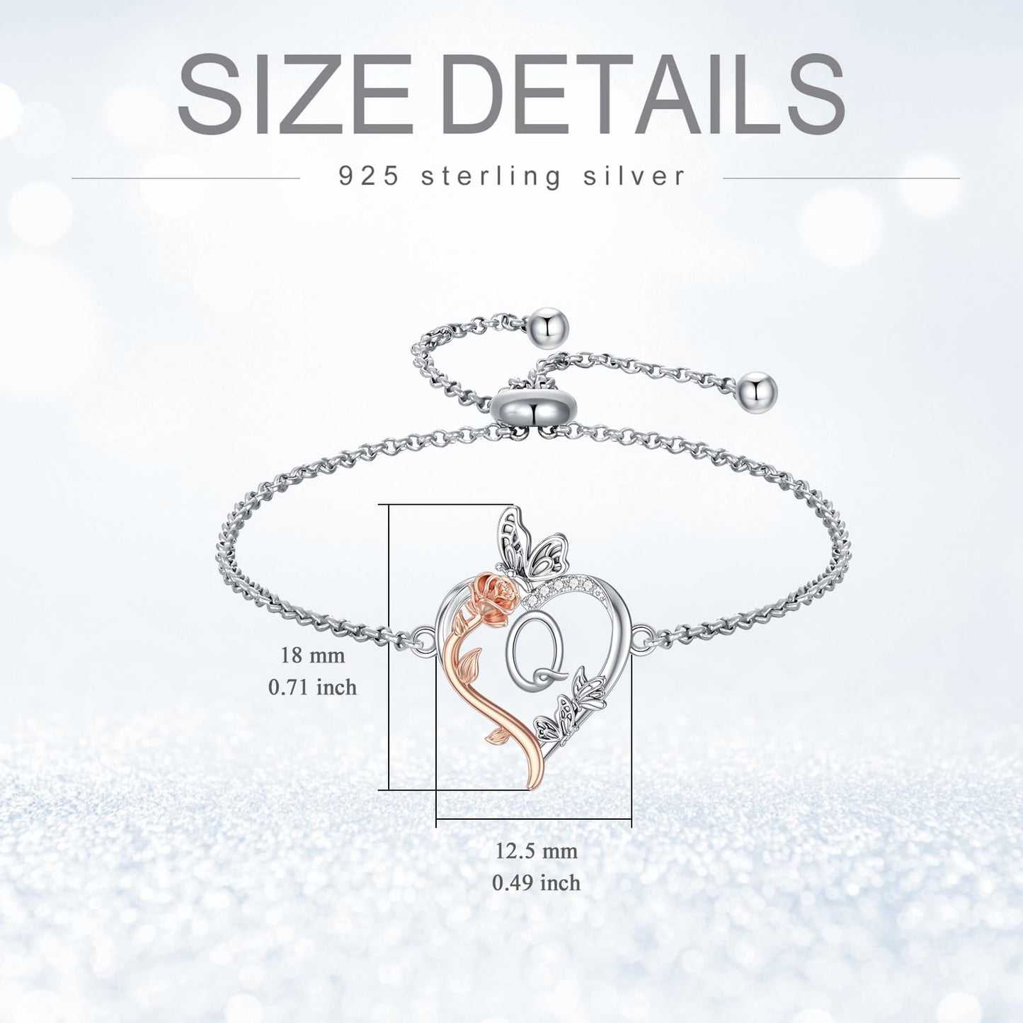 TOUPOP Rose Heart Bracelet for Women Sterling Silver Heart Initial Q Letter Bracelet Butterfly Love Jewelry Anniversary Birthday Mothers Day Gifts for Mom Wife Her Girlfriend