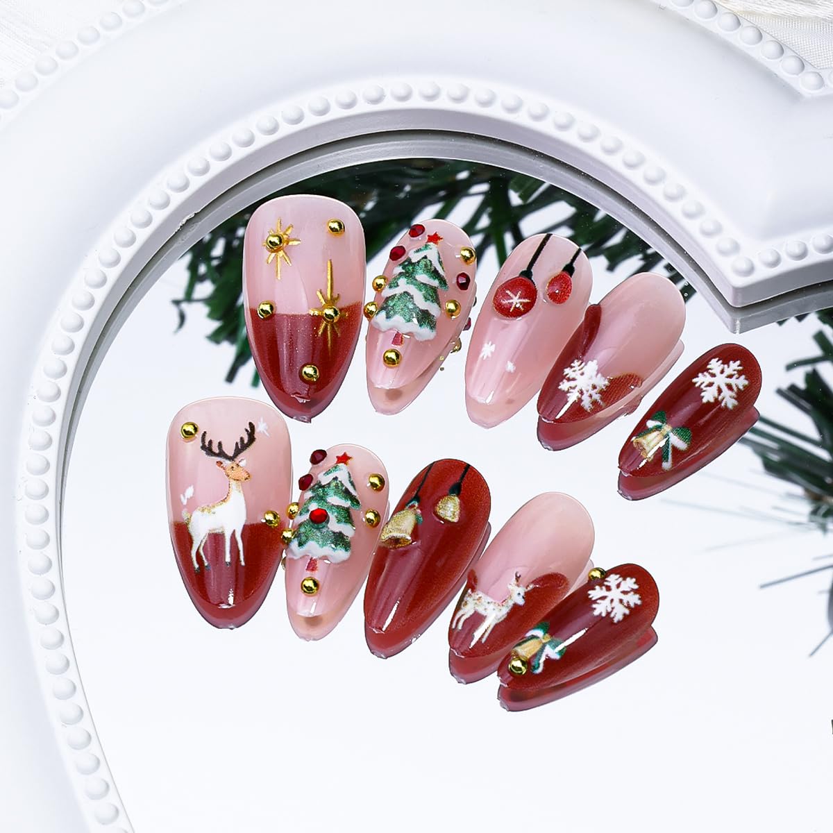 30Pcs Christmas Press on Nails Medium French Tip Fake Nails 3D Luxury Gold Beads Design Xmas Tree Bell Almond Acrylic Nails Cute Elk Snowflake Glue on Nails for Women Winter Christmas Manicure